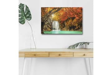 Lerretsbilde med LED-belysning - Vakker foss omgitt av høstfargede trær - Oransje / Grønn / Brun - Interiør - Maleri & posters - Lerretsbilder