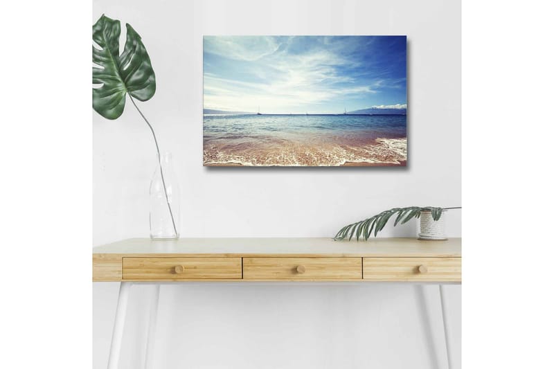 Lerretsbilde med LED-belysning - Vakker havutsikt med klar blå himmel og myke bølger, Blå / Beige / Hvit