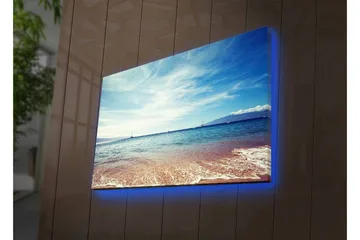 Lerretsbilde med LED-belysning - Vakker havutsikt med klar blå himmel og myke bølger - Blå / Beige / Hvit - Interiør - Maleri & posters - Lerretsbilder