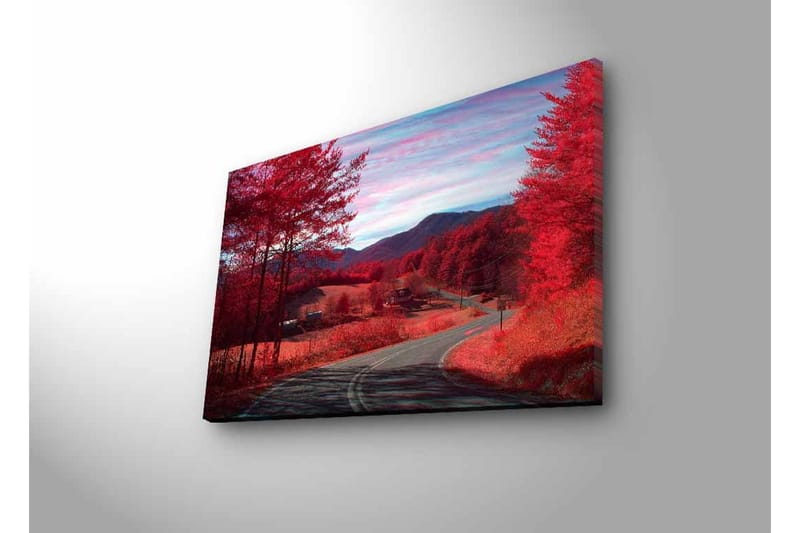 Lerretsbilde med LED-belysning - Vakker landskapsutsikt med røde trær og en svingete vei - Rød / Grå / Blå - Interiør - Maleri & posters - Lerretsbilder