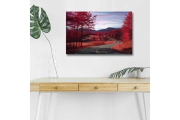 Lerretsbilde med LED-belysning - Vakker landskapsutsikt med røde trær og en svingete vei - Rød / Grå / Blå - Interiør - Maleri & posters - Lerretsbilder