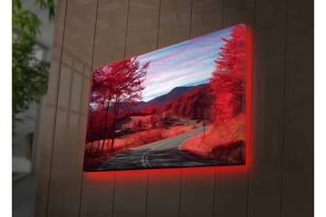 Lerretsbilde med LED-belysning - Vakker landskapsutsikt med røde trær og en svingete vei - Rød / Grå / Blå - Interiør - Maleri & posters - Lerretsbilder
