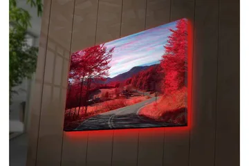Lerretsbilde med LED-belysning - Vakker landskapsutsikt med røde trær og en svingete vei - Rød / Grå / Blå - Interiør - Maleri & posters - Lerretsbilder