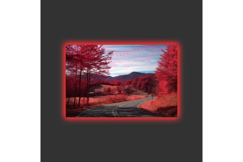 Lerretsbilde med LED-belysning - Vakker landskapsutsikt med røde trær og en svingete vei - Rød / Mørk rød - Interiør - Maleri & posters - Lerretsbilder