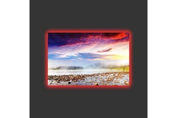 Lerretsbilde med LED-belysning - Vakker landskapsutsikt med soloppgang over en tåkete innsjø - Lilla / Oransje / Blå - Interiør - Maleri & posters - Lerretsbilder