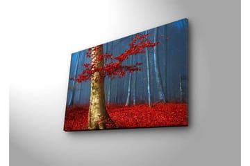 Lerretsbilde med LED-belysning - Vakker skog med røde høstblader og en lys stamme i tåken - Rød / Grønn / Blå - Interiør - Maleri & posters - Lerretsbilder