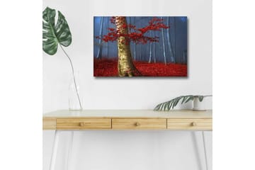 Lerretsbilde med LED-belysning - Vakker skog med røde høstblader og en lys stamme i tåken - Rød / Grønn / Blå - Interiør - Maleri & posters - Lerretsbilder