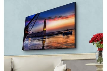 Lerretsbilde med LED-belysning - Vakker solnedgang over en havn med et fyrtårn og båter - Mørk blå / Oransje / Lilla - Interiør - Maleri & posters - Lerretsbilder