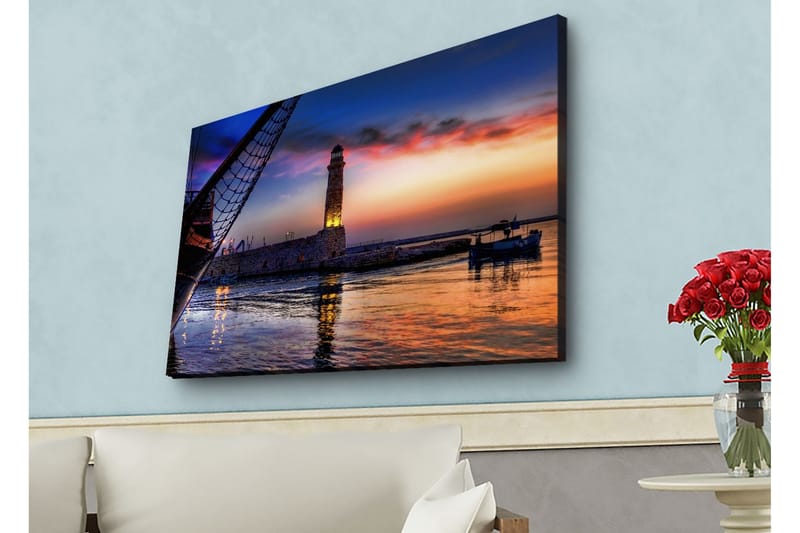 Lerretsbilde med LED-belysning - Vakker solnedgang over en havn med et fyrtårn og båter - Mørk blå / Oransje / Lilla - Interiør - Maleri & posters - Lerretsbilder