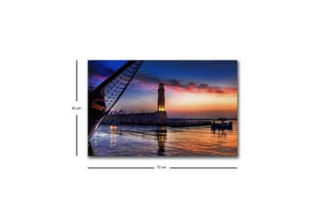 Lerretsbilde med LED-belysning - Vakker solnedgang over en havn med et fyrtårn og båter - Mørk blå / Oransje / Lilla - Interiør - Maleri & posters - Lerretsbilder