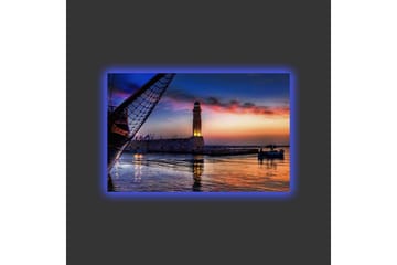 Lerretsbilde med LED-belysning - Vakker solnedgang over en havn med et fyrtårn og båter - Mørk blå / Oransje / Lilla - Interiør - Maleri & posters - Lerretsbilder