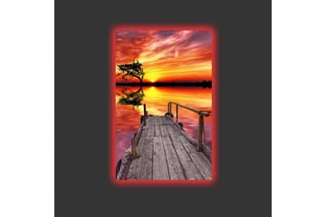 Lerretsbilde med LED-belysning - Vakker solnedgang over en rolig innsjø med en trebrygge i forgrunnen - Oransje / Lilla / Grønn - Interiør - Maleri & posters - Lerretsbilder