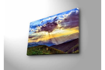 Lerretsbilde med LED-belysning - Vakker solnedgang over fjell og daler - Blå / Oransje / Grønn - Interiør - Maleri & posters - Lerretsbilder
