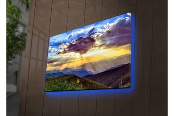 Lerretsbilde med LED-belysning - Vakker solnedgang over fjell og daler - Blå / Oransje / Grønn - Interiør - Maleri & posters - Lerretsbilder