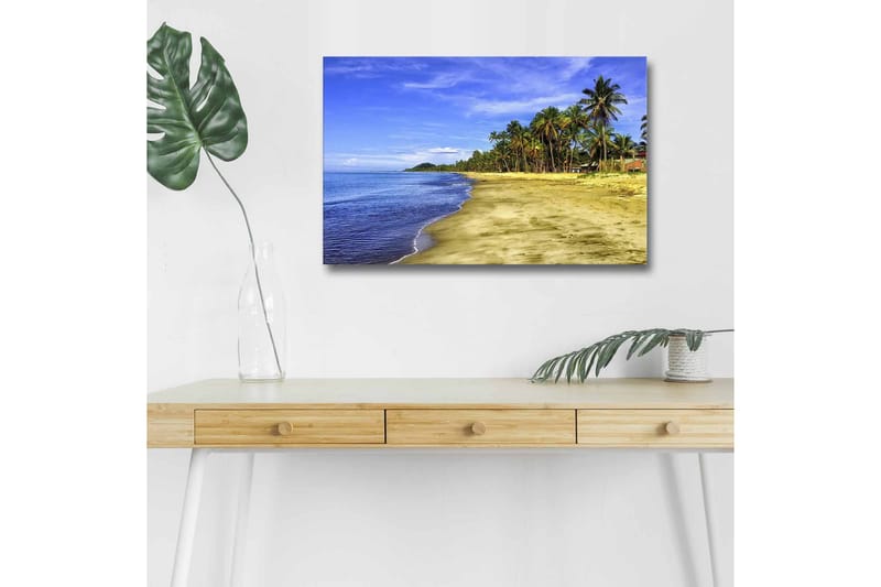 Lerretsbilde med LED-belysning - Vakker strand med palmer og klar blå himmel, Blå / Grønn / Beige