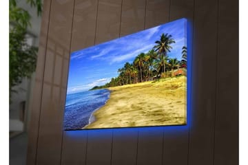 Lerretsbilde med LED-belysning - Vakker strand med palmer og klar blå himmel - Blå / Grønn / Beige - Interiør - Maleri & posters - Lerretsbilder