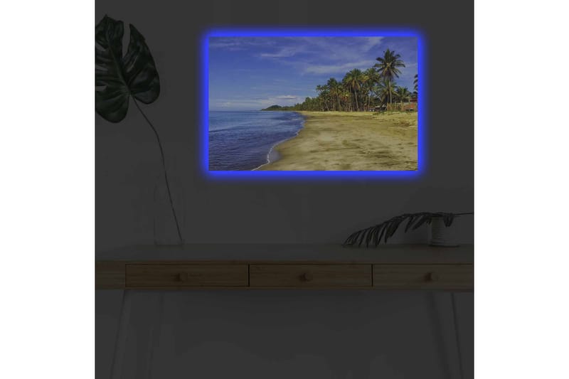 Lerretsbilde med LED-belysning - Vakker strand med palmer og klar blå himmel - Blå / Grønn / Beige - Interiør - Maleri & posters - Lerretsbilder