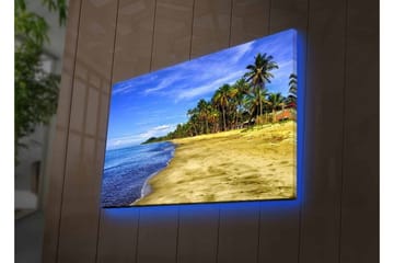 Lerretsbilde med LED-belysning - Vakker strand med palmer og klar blå himmel - Blå / Grønn / Beige - Interiør - Maleri & posters - Lerretsbilder