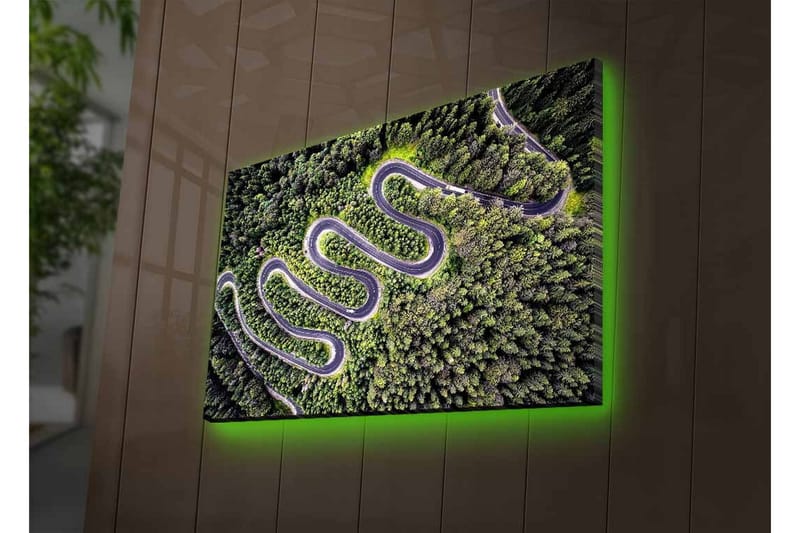 Lerretsbilde med LED-belysning - Vakker utsikt over en svingete vei gjennom tett, frodig skog - Grønn / Grå / Svart - Interiør - Maleri & posters - Lerretsbilder