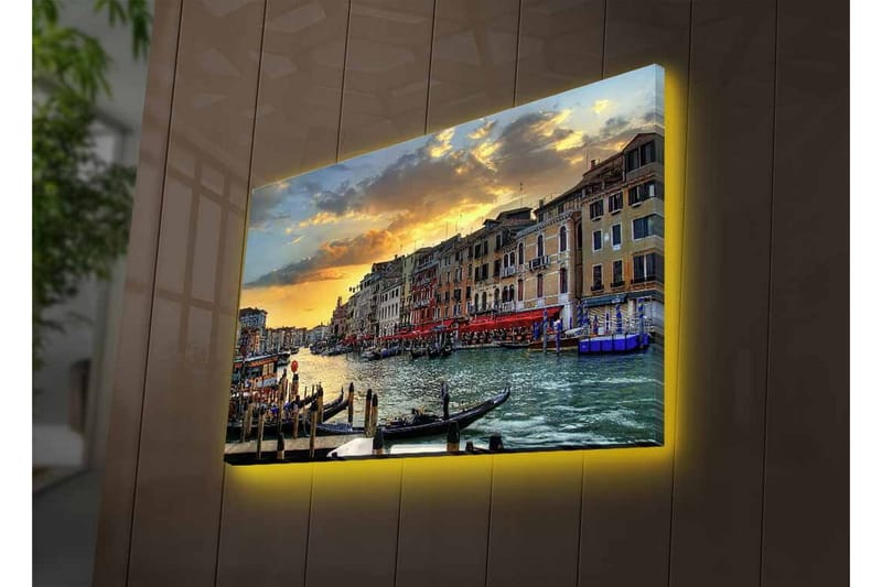 Lerretsbilde med LED-belysning - Vakker utsikt over en venetiansk kanal ved solnedgang - Blå / Oransje / Beige - Interiør - Maleri & posters - Lerretsbilder