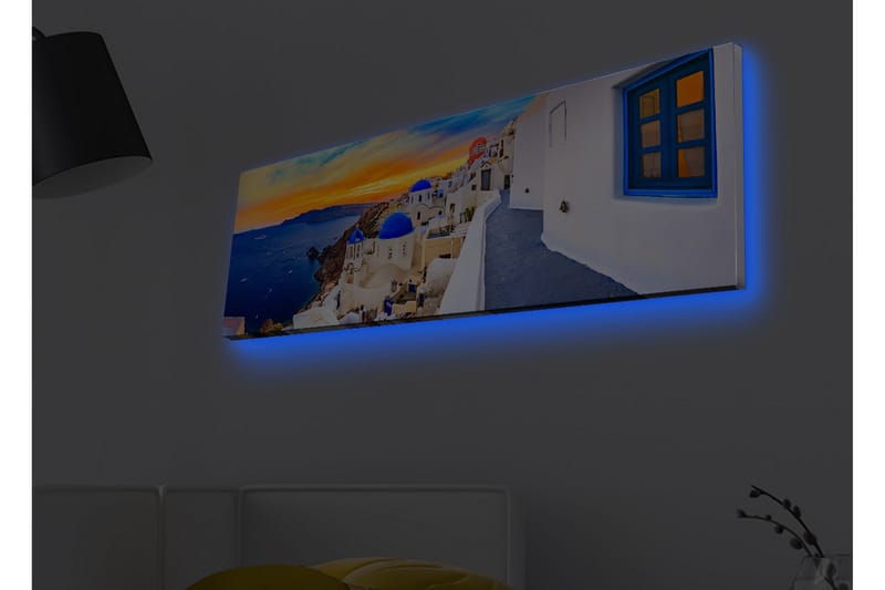 Lerretsbilde med LED-belysning - Vakker utsikt over hvite hus med blå kupler mot havet og en fargerik solnedgang - Blå / Hvit / Oransje - Interiør - Maleri & posters - Lerretsbilder
