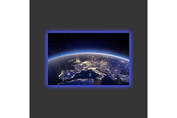 Lerretsbilde med LED-belysning - Vakker utsikt over jorden med Europa opplyst av stjerner og bylys - Mørk blå / Lys blå / Hvit - Interiør - Maleri & posters - Lerretsbilder