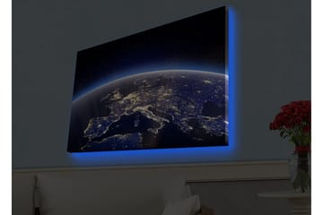 Lerretsbilde med LED-belysning - Vakker utsikt over jorden med Europa opplyst av stjerner og bylys - Mørk blå / Lys blå / Hvit - Interiør - Maleri & posters - Lerretsbilder