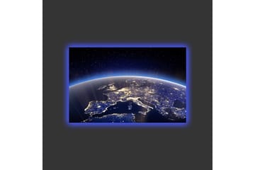Lerretsbilde med LED-belysning - Vakker utsikt over jorden med Europa opplyst av stjerner og bylys - Mørk blå / Lys blå / Hvit - Interiør - Maleri & posters - Lerretsbilder