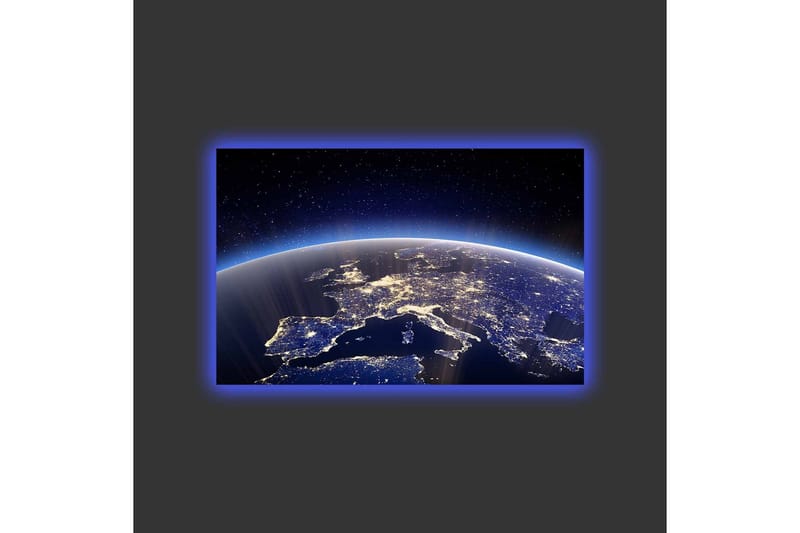 Lerretsbilde med LED-belysning - Vakker utsikt over jorden med Europa opplyst av stjerner og bylys - Mørk blå / Lys blå / Hvit - Interiør - Maleri & posters - Lerretsbilder