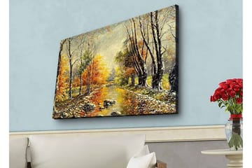 Lerretsbilde med LED-belysning - Vakkert høstlandskap med en speillignende elv omgitt av fargerike trær - Oransje / Grønn / Brun - Interiør - Maleri & posters - Lerretsbilder