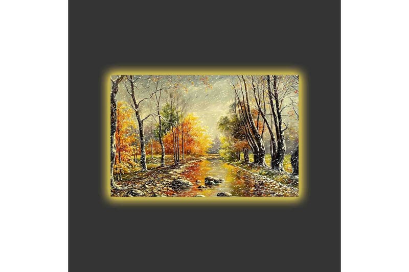 Lerretsbilde med LED-belysning - Vakkert høstlandskap med en speillignende elv omgitt av fargerike trær - Oransje / Grønn / Brun - Interiør - Maleri & posters - Lerretsbilder