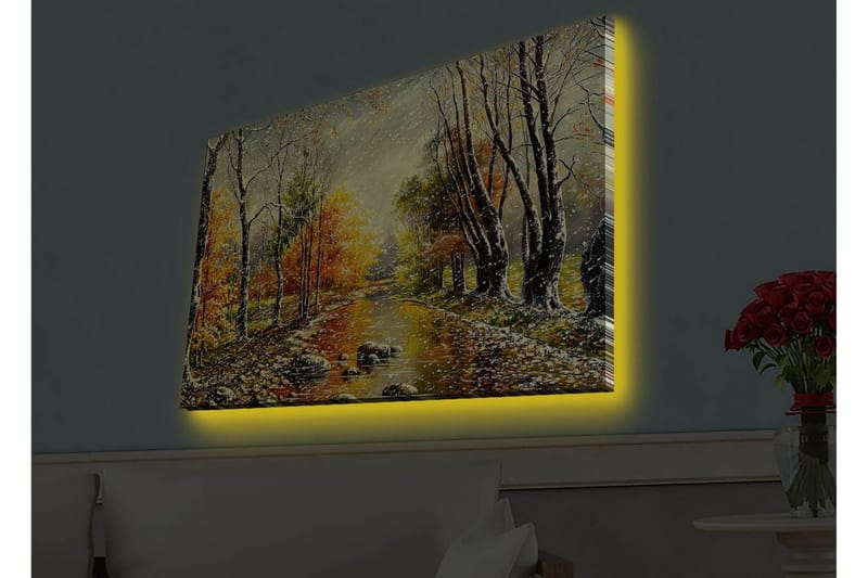 Lerretsbilde med LED-belysning - Vakkert høstlandskap med en speillignende elv omgitt av fargerike trær - Oransje / Grønn / Brun - Interiør - Maleri & posters - Lerretsbilder