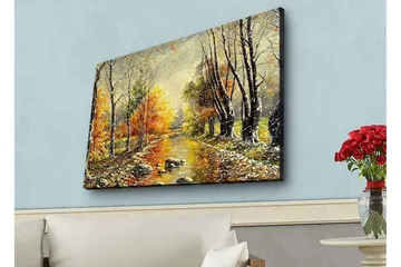 Lerretsbilde med LED-belysning - Vakkert høstlandskap med en speillignende elv omgitt av fargerike trær - Oransje / Grønn / Brun - Interiør - Maleri & posters - Lerretsbilder