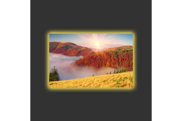 Lerretsbilde med LED-belysning - Vakkert høstlandskap med fargerike trær og soloppgang - Rød / Oransje / Gul - Interiør - Maleri & posters - Lerretsbilder