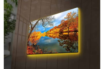 Lerretsbilde med LED-belysning - Vakkert høstlandskap med speilblanke innsjøer og fargerike trær - Oransje / Gul / Grønn - Interiør - Maleri & posters - Lerretsbilder