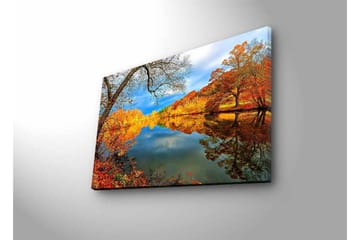 Lerretsbilde med LED-belysning - Vakkert høstlandskap med speilblanke innsjøer og fargerike trær - Oransje / Gul / Grønn - Interiør - Maleri & posters - Lerretsbilder