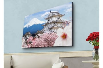 Lerretsbilde med LED-belysning - Vakkert japansk slott med kirsebærblomster og Fuji-fjellet i bakgrunnen - Hvit / Rosa / Blå - Interiør - Maleri & posters - Lerretsbilder