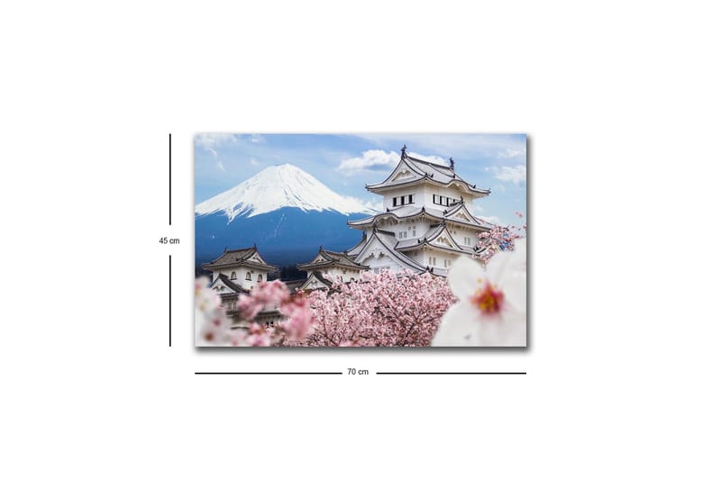 Lerretsbilde med LED-belysning - Vakkert japansk slott med kirsebærblomster og Fuji-fjellet i bakgrunnen - Hvit / Rosa / Blå - Interiør - Maleri & posters - Lerretsbilder