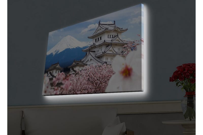 Lerretsbilde med LED-belysning - Vakkert japansk slott med kirsebærblomster og Fuji-fjellet i bakgrunnen - Hvit / Rosa / Blå - Interiør - Maleri & posters - Lerretsbilder