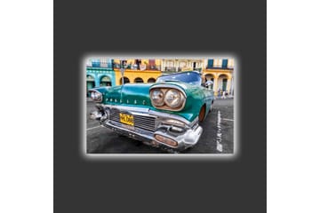 Lerretsbilde med LED-belysning - Veteranbil i retrostil med et grønt skjær - Grønn / Sølv / Svart - Interiør - Maleri & posters - Lerretsbilder