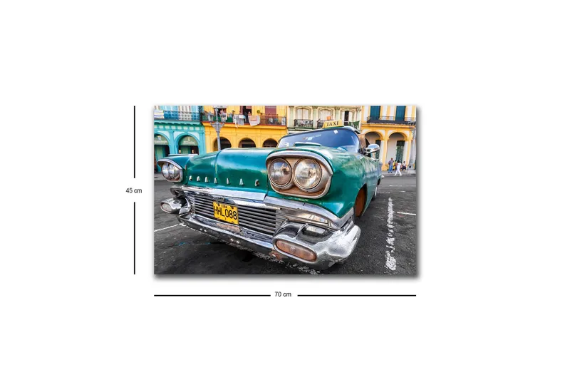 Lerretsbilde med LED-belysning - Veteranbil i retrostil med et grønt skjær - Grønn / Sølv / Svart - Interiør - Maleri & posters - Lerretsbilder