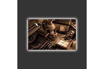 Lerretsbilde med LED-belysning - Vintage skrivemaskin og gamle gjenstander i en nostalgisk komposisjon - Brun / Svart / Beige - Interiør - Maleri & posters - Lerretsbilder