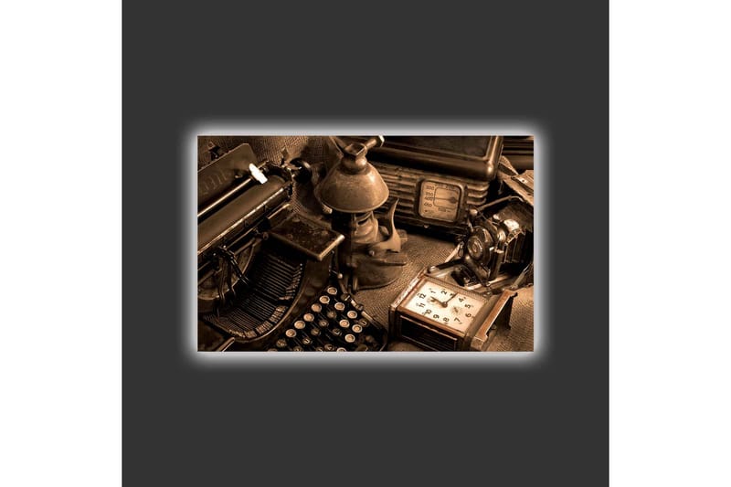 Lerretsbilde med LED-belysning - Vintage skrivemaskin og gamle gjenstander i en nostalgisk komposisjon - Brun / Svart / Beige - Interiør - Maleri & posters - Lerretsbilder
