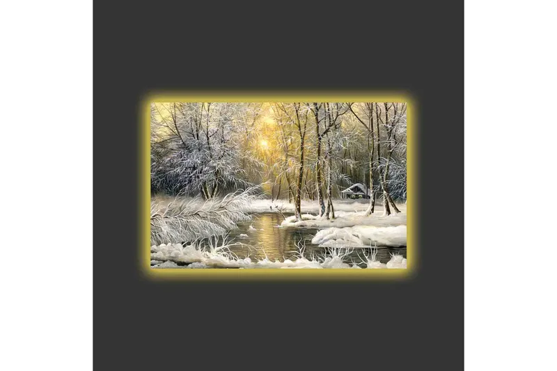 Lerretsbilde med LED-belysning - Vinterlandskap med snødekte trær og en stille elv - Hvit / Lys blå / Grønn - Interiør - Maleri & posters - Lerretsbilder
