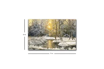 Lerretsbilde med LED-belysning - Vinterlandskap med snødekte trær og en stille elv - Hvit / Lys blå / Grønn - Interiør - Maleri & posters - Lerretsbilder