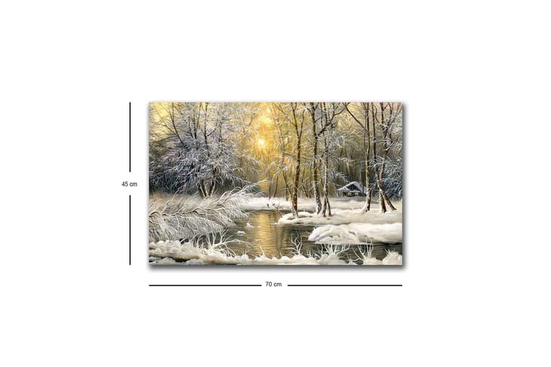 Lerretsbilde med LED-belysning - Vinterlandskap med snødekte trær og en stille elv - Hvit / Lys blå / Grønn - Interiør - Maleri & posters - Lerretsbilder