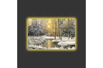 Lerretsbilde med LED-belysning - Vinterlandskap med snødekte trær og en stille elv - Hvit / Lys blå / Grønn - Interiør - Maleri & posters - Lerretsbilder