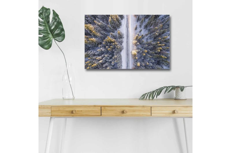 Lerretsbilde med LED-belysning - Vinterlandskap med snødekte trær og en vei som strekker seg gjennom skogen - Grå / Grønn / Gul - Interiør - Maleri & posters - Lerretsbilder
