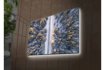 Lerretsbilde med LED-belysning - Vinterlandskap med snødekte trær og en vei som strekker seg gjennom skogen - Grå / Grønn / Gul - Interiør - Maleri & posters - Lerretsbilder