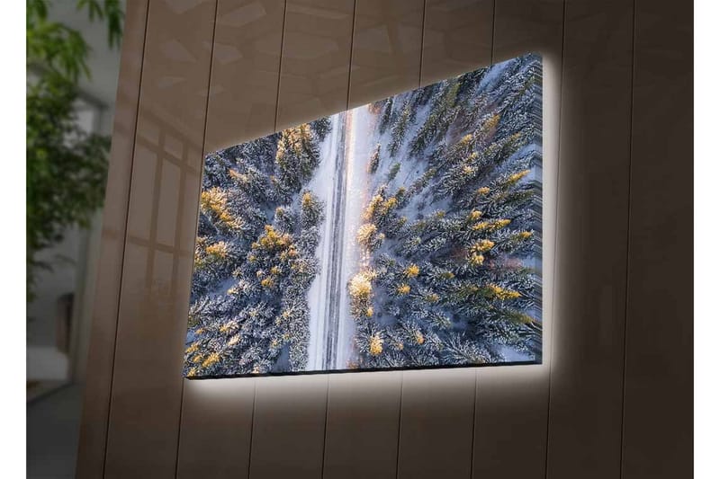 Lerretsbilde med LED-belysning - Vinterlandskap med snødekte trær og en vei som strekker seg gjennom skogen - Grå / Grønn / Gul - Interiør - Maleri & posters - Lerretsbilder